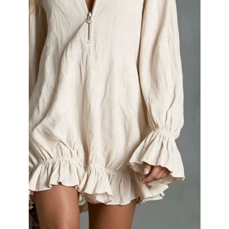 Zipper Front Ruffle Hem Flounce Sleeve Mini Dress Apparel and Accessories