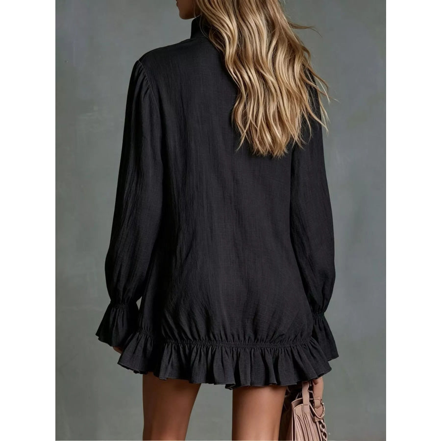 Zipper Front Ruffle Hem Flounce Sleeve Mini Dress Apparel and Accessories