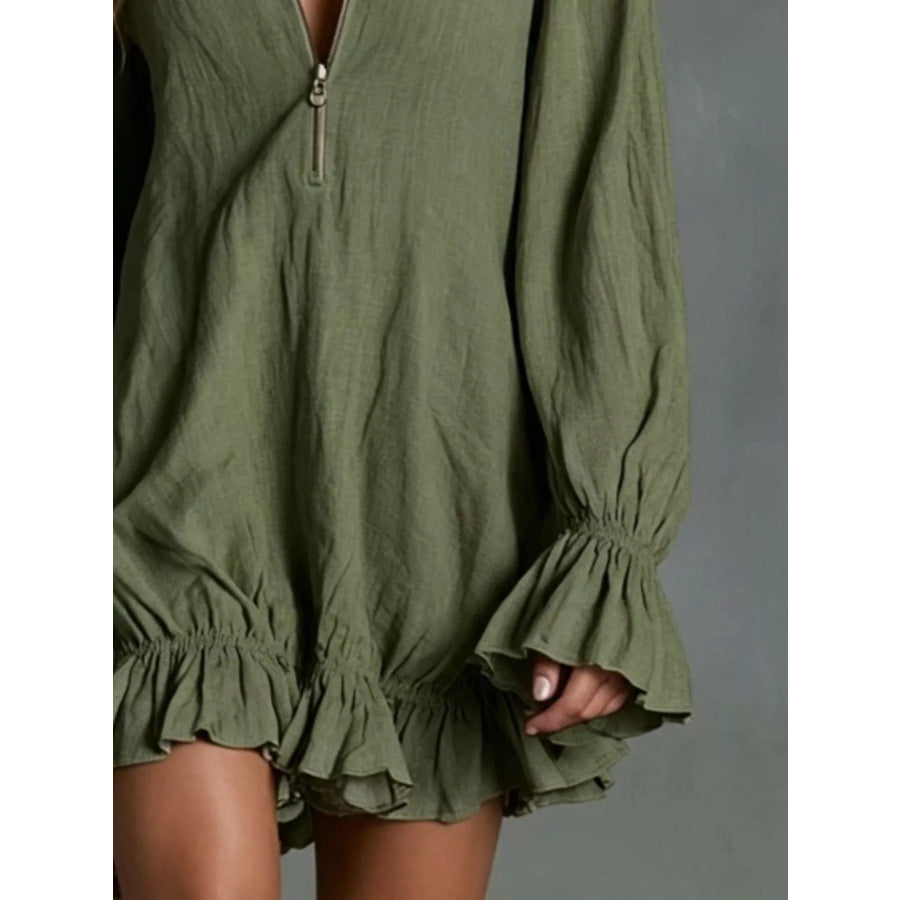 Zipper Front Ruffle Hem Flounce Sleeve Mini Dress Apparel and Accessories