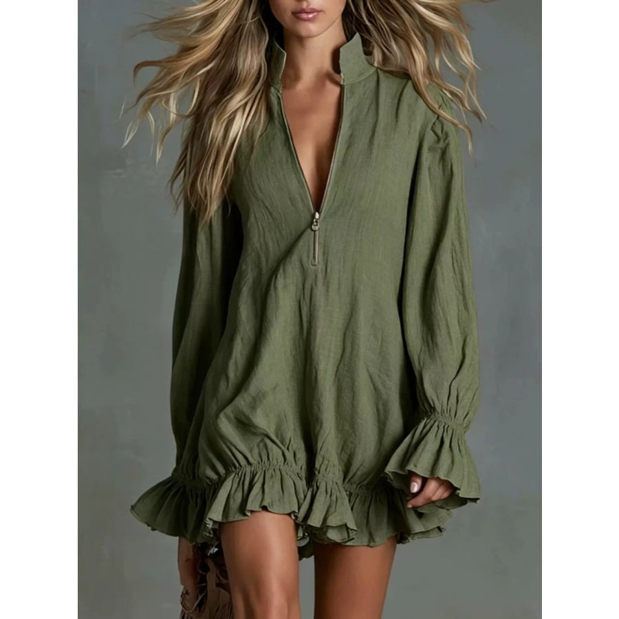 Zipper Front Ruffle Hem Flounce Sleeve Mini Dress Army Green / S Apparel and Accessories