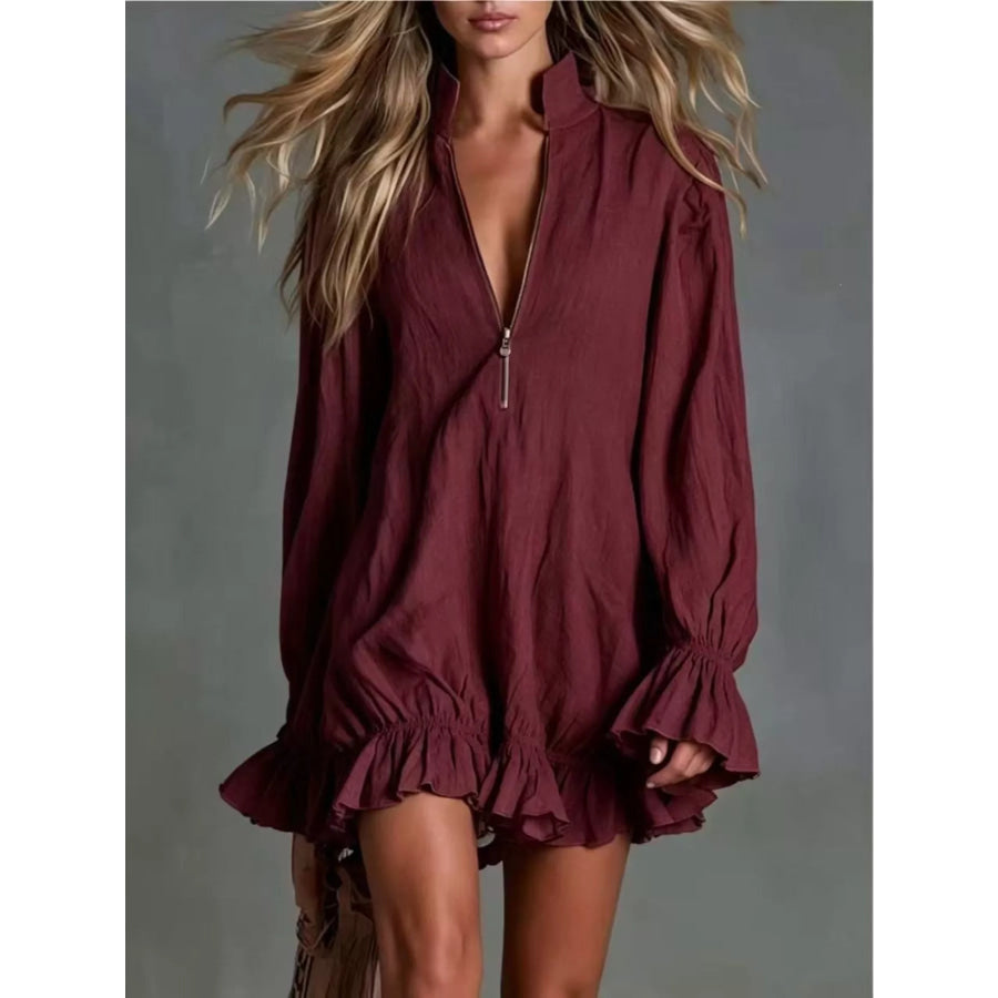 Zipper Front Ruffle Hem Flounce Sleeve Mini Dress Burgundy / S Apparel and Accessories
