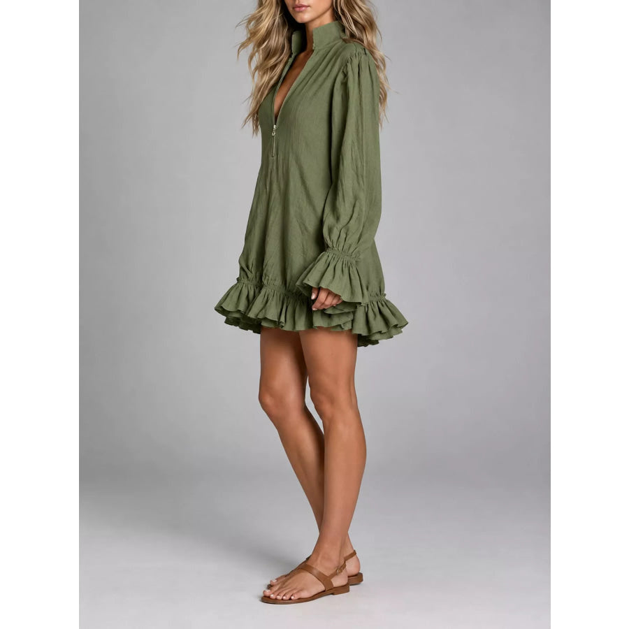 Zipper-Front Ruffle Hem Mini Dress Apparel and Accessories