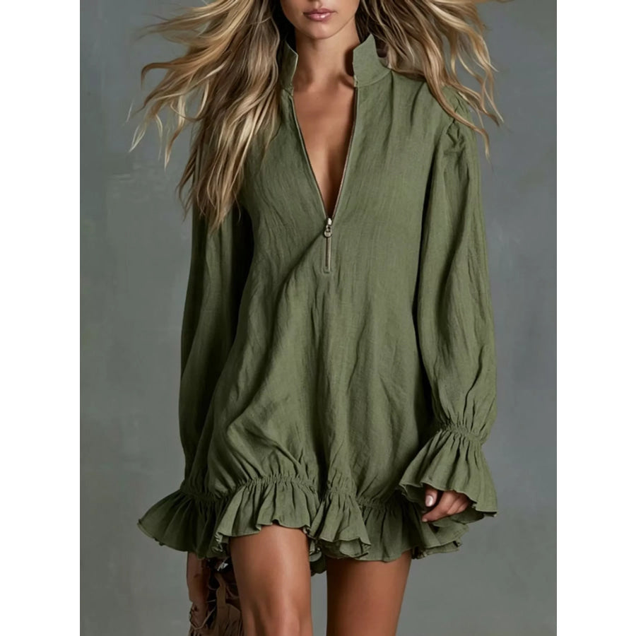Zipper-Front Ruffle Hem Mini Dress Army Green / S Apparel and Accessories
