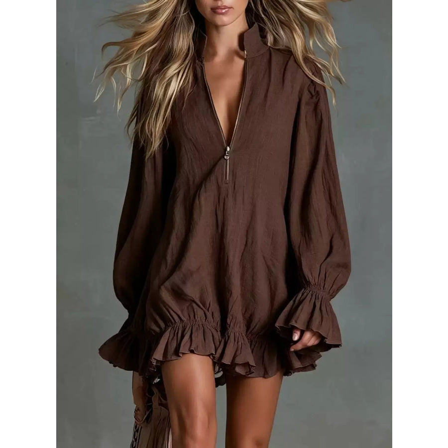 Zipper-Front Ruffle Hem Mini Dress Brown / S Apparel and Accessories