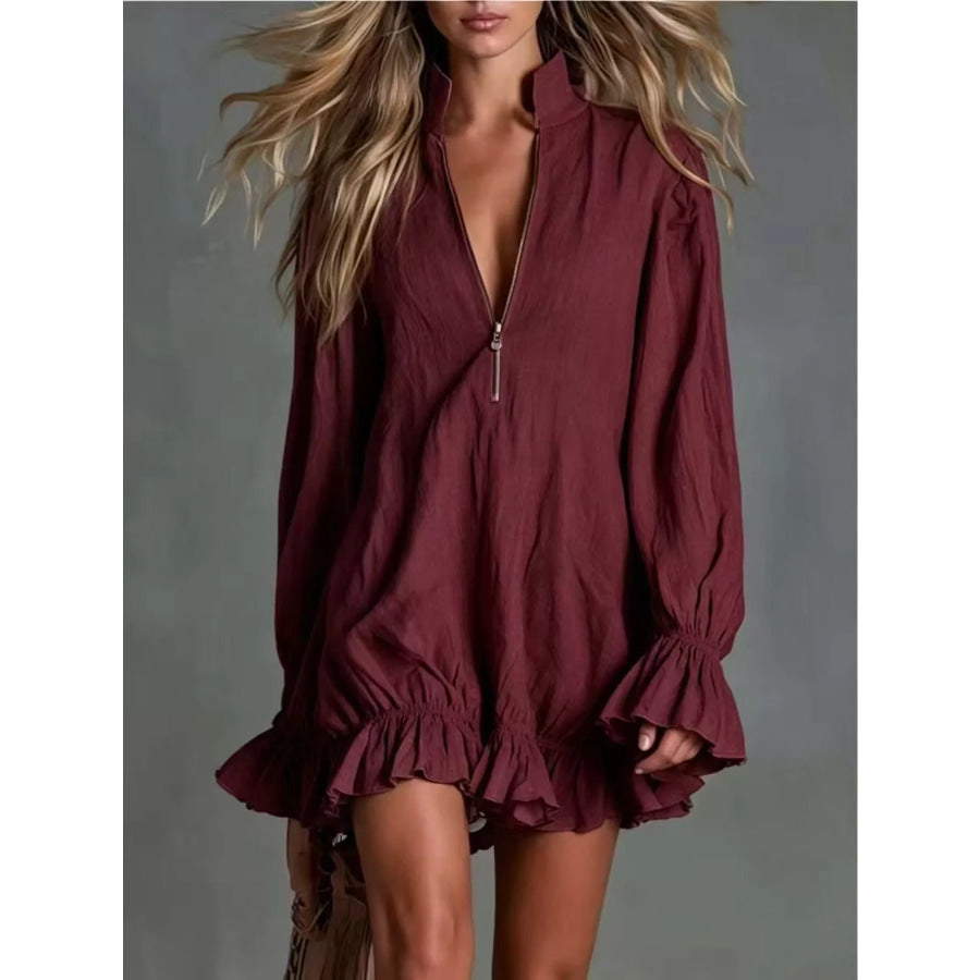 Zipper-Front Ruffle Hem Mini Dress Burgundy / S Apparel and Accessories