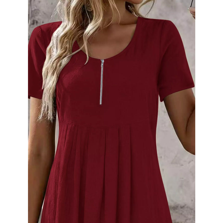 Zipper-Front Short Sleeve A-Line Dress Apparel and Accessories