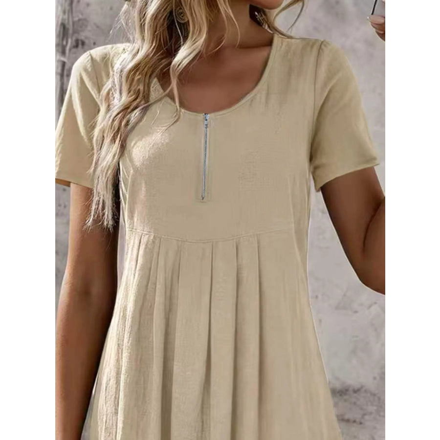 Zipper-Front Short Sleeve A-Line Dress Apparel and Accessories