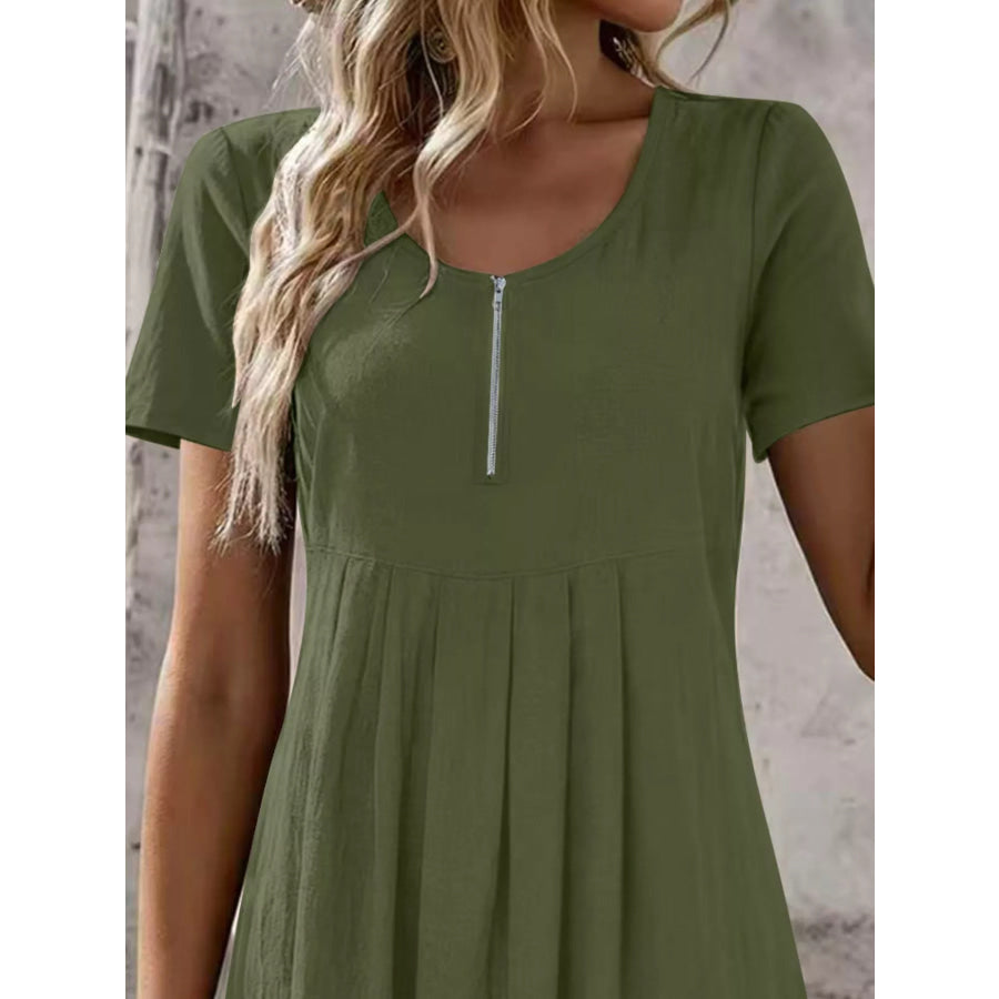 Zipper-Front Short Sleeve A-Line Dress Apparel and Accessories