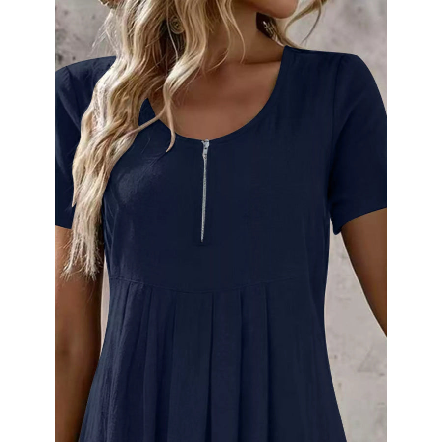Zipper-Front Short Sleeve A-Line Dress Apparel and Accessories