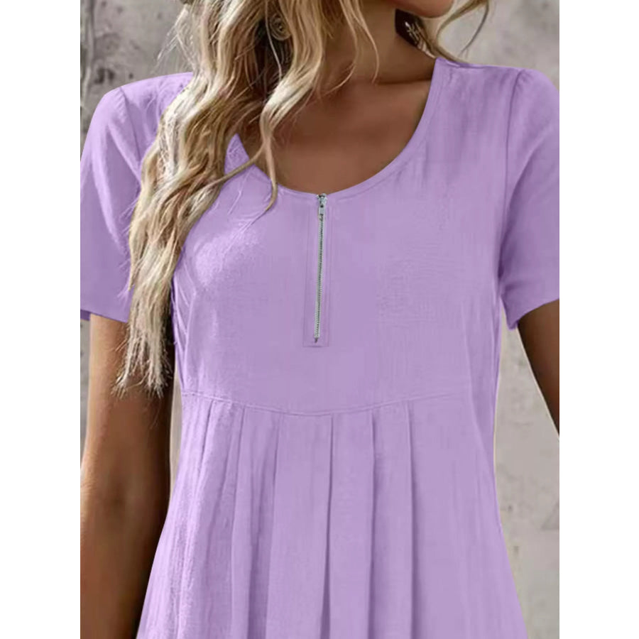 Zipper-Front Short Sleeve A-Line Dress Apparel and Accessories