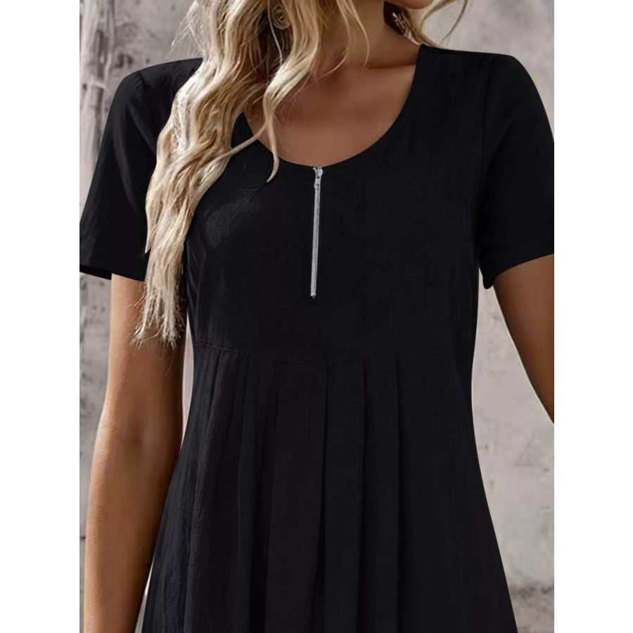 Zipper-Front Short Sleeve A-Line Dress Apparel and Accessories
