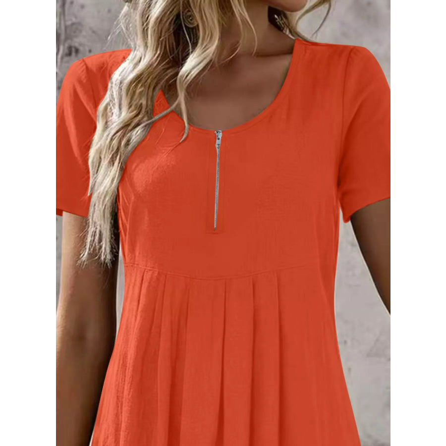 Zipper-Front Short Sleeve A-Line Dress Apparel and Accessories