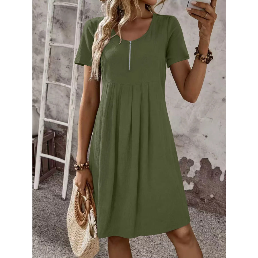 Zipper-Front Short Sleeve A-Line Dress Army Green / S Apparel and Accessories