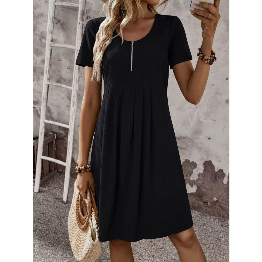 Zipper-Front Short Sleeve A-Line Dress Black / S Apparel and Accessories