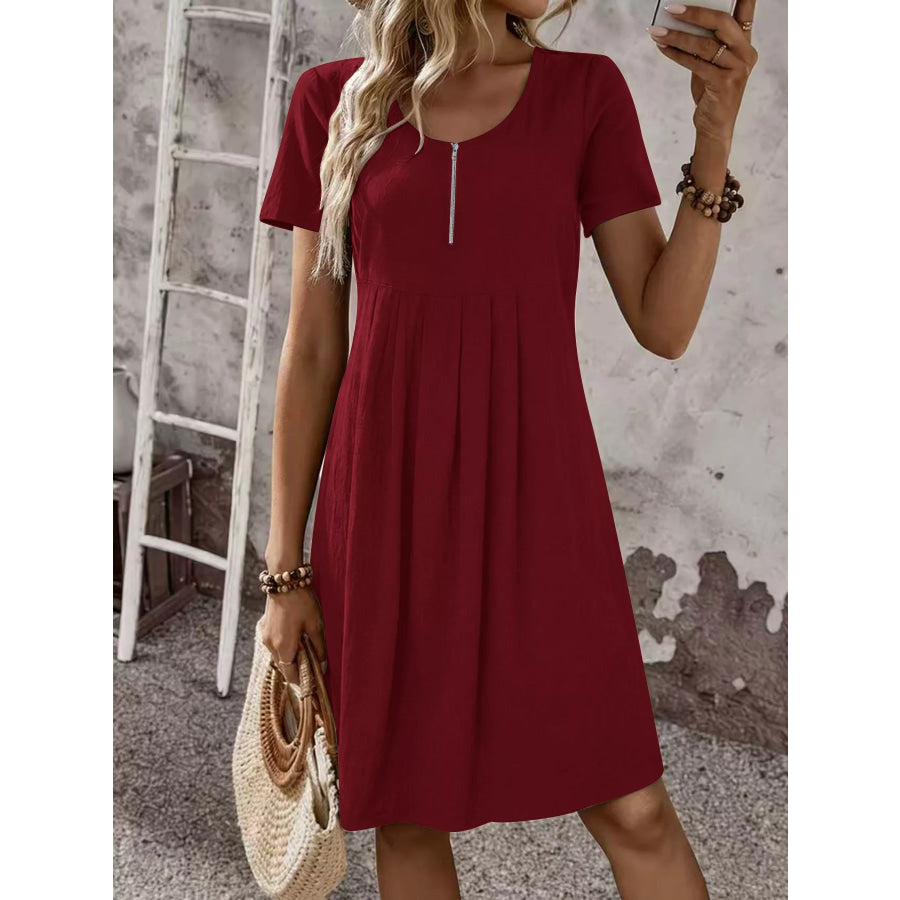 Zipper-Front Short Sleeve A-Line Dress Burgundy / S Apparel and Accessories