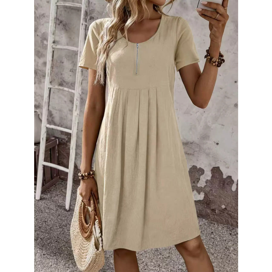Zipper-Front Short Sleeve A-Line Dress Khaki / S Apparel and Accessories