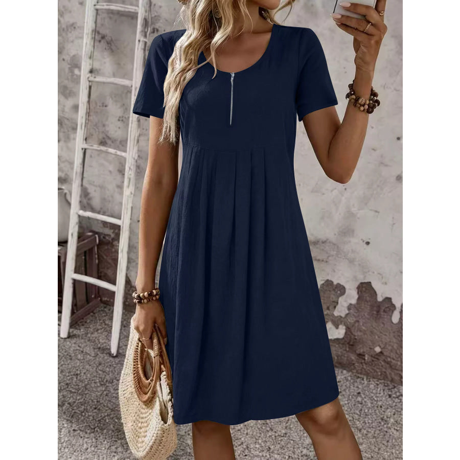 Zipper-Front Short Sleeve A-Line Dress Navy Blue / S Apparel and Accessories