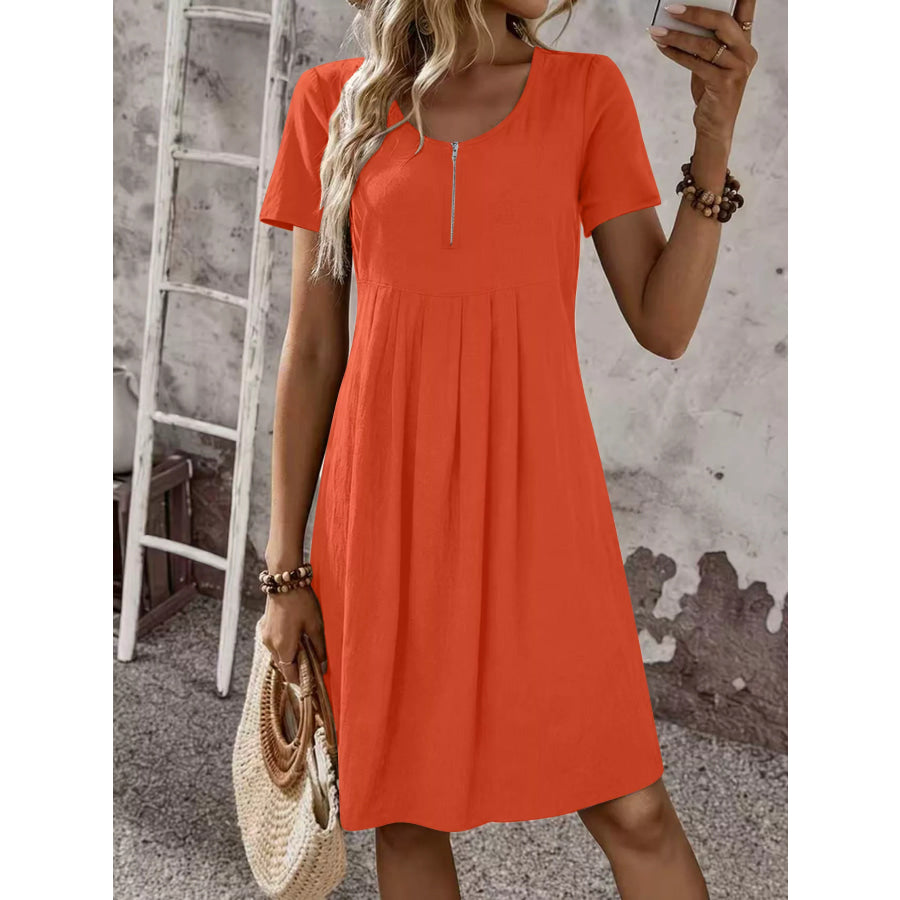 Zipper-Front Short Sleeve A-Line Dress Orange / S Apparel and Accessories