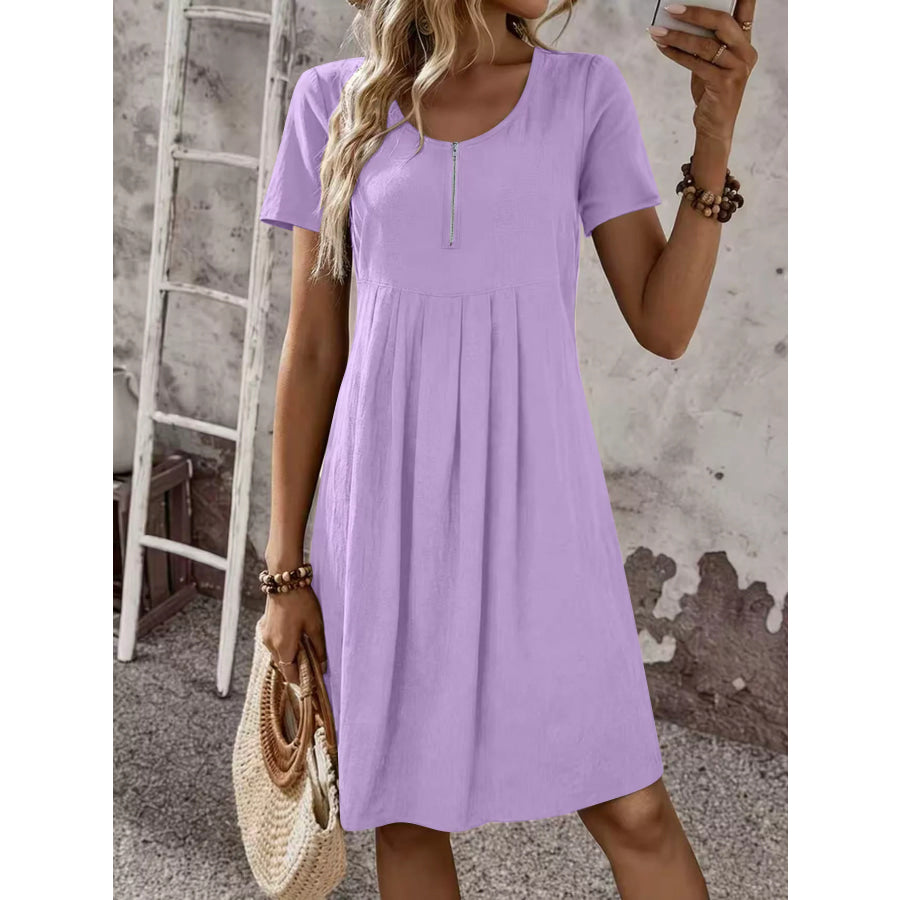 Zipper-Front Short Sleeve A-Line Dress Violet / S Apparel and Accessories