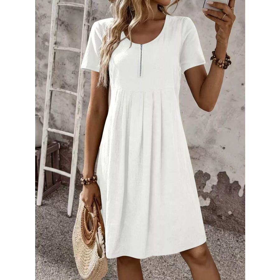 Zipper-Front Short Sleeve A-Line Dress White / S Apparel and Accessories