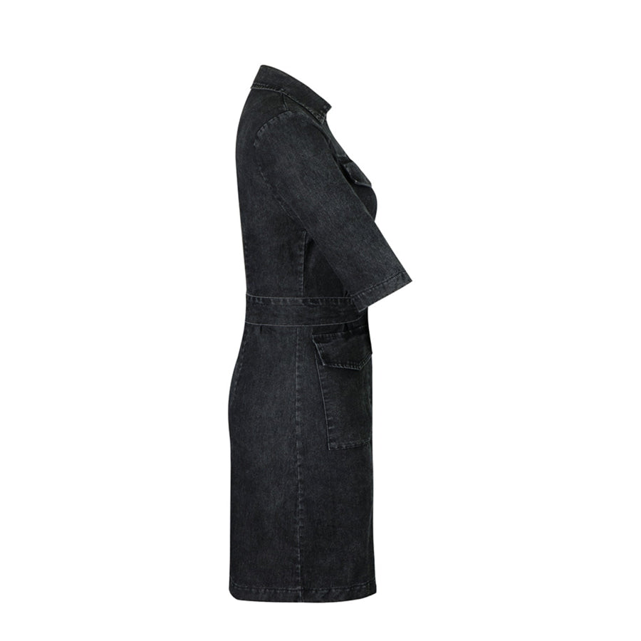 Zipper Front Short Sleeve Denim Dress Apparel and Accessories