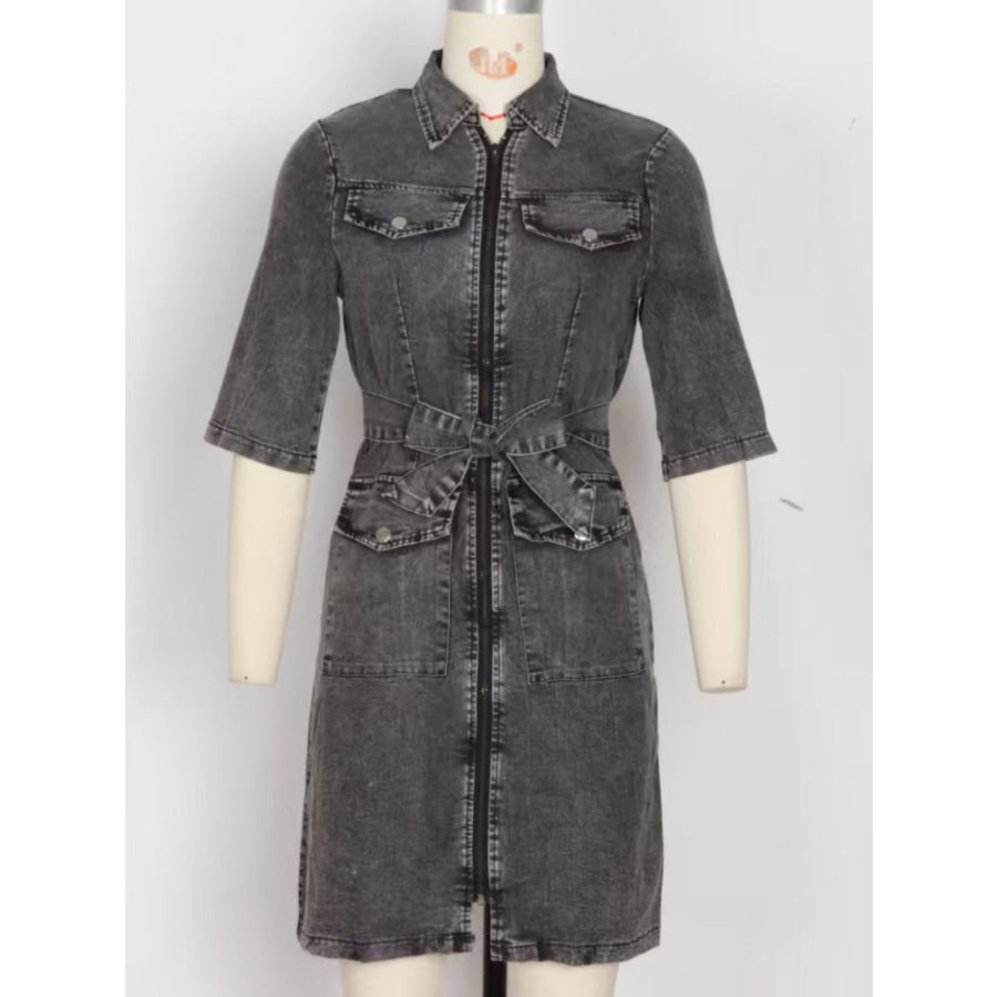 Zipper Front Short Sleeve Denim Dress Apparel and Accessories