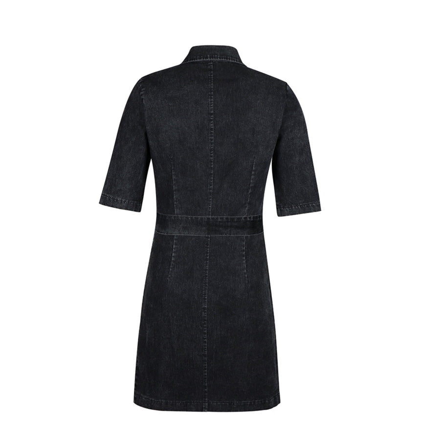 Zipper Front Short Sleeve Denim Dress Apparel and Accessories