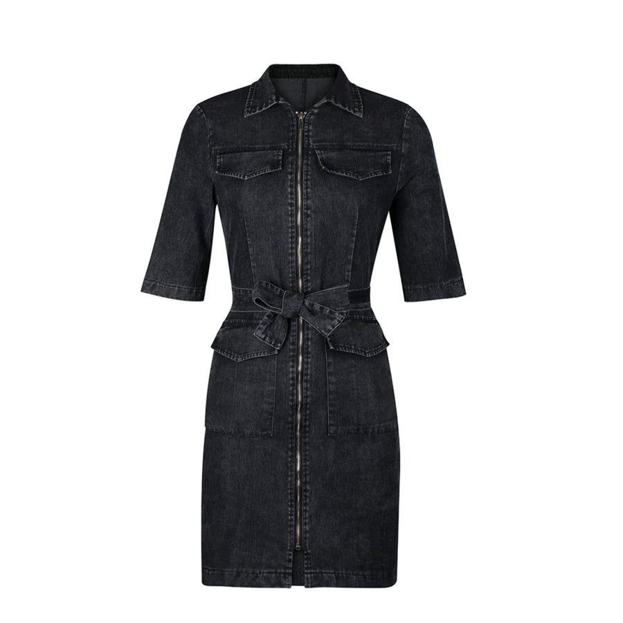 Zipper Front Short Sleeve Denim Dress Apparel and Accessories