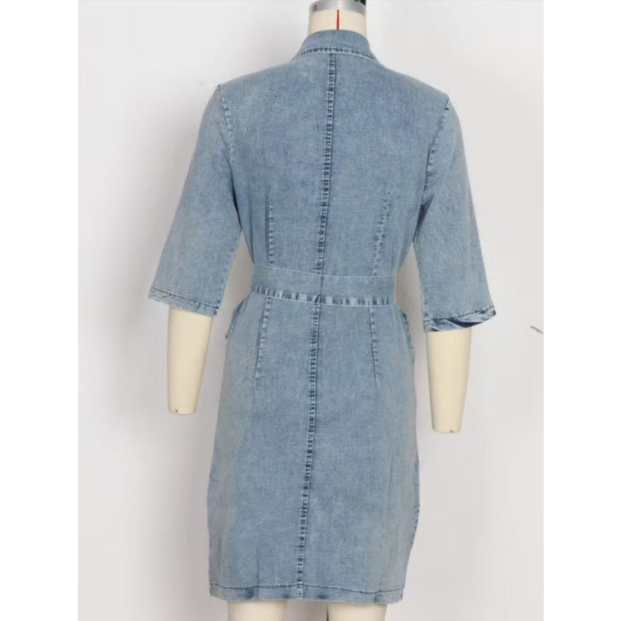 Zipper Front Short Sleeve Denim Dress Apparel and Accessories