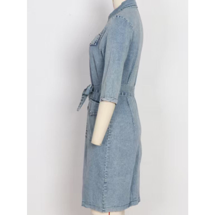 Zipper Front Short Sleeve Denim Dress Apparel and Accessories
