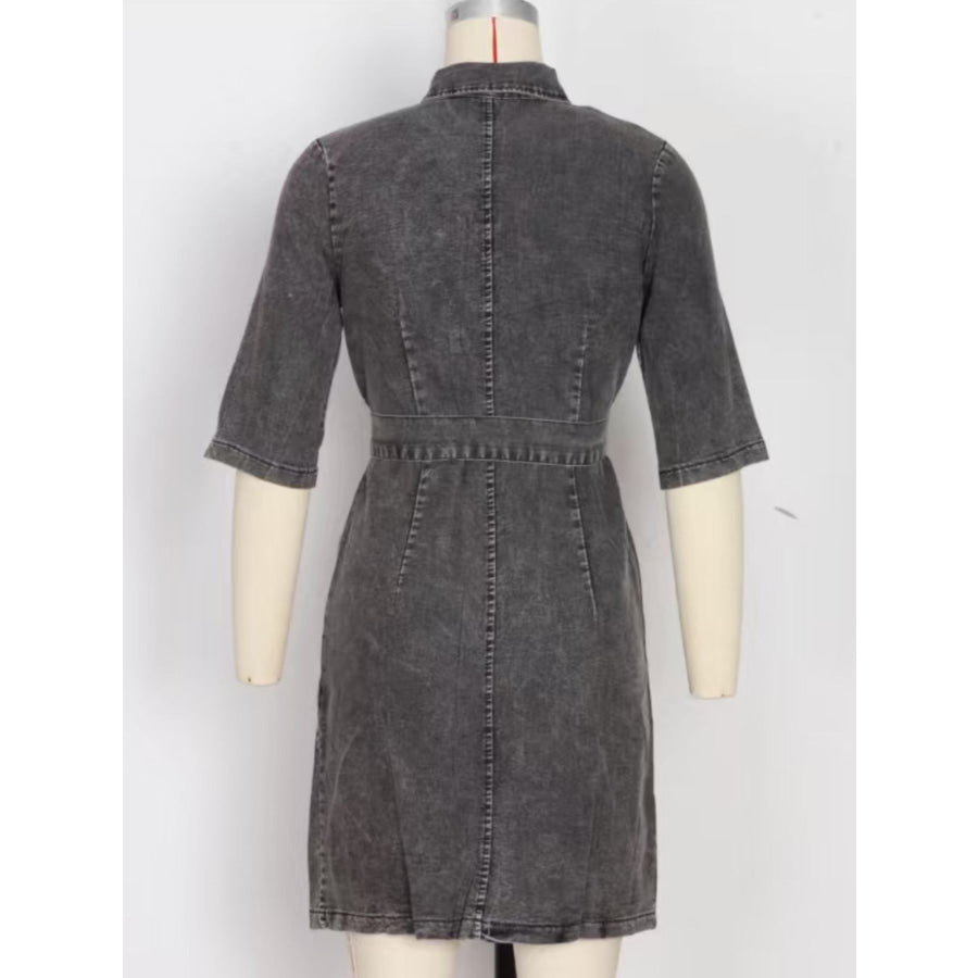 Zipper Front Short Sleeve Denim Dress Apparel and Accessories
