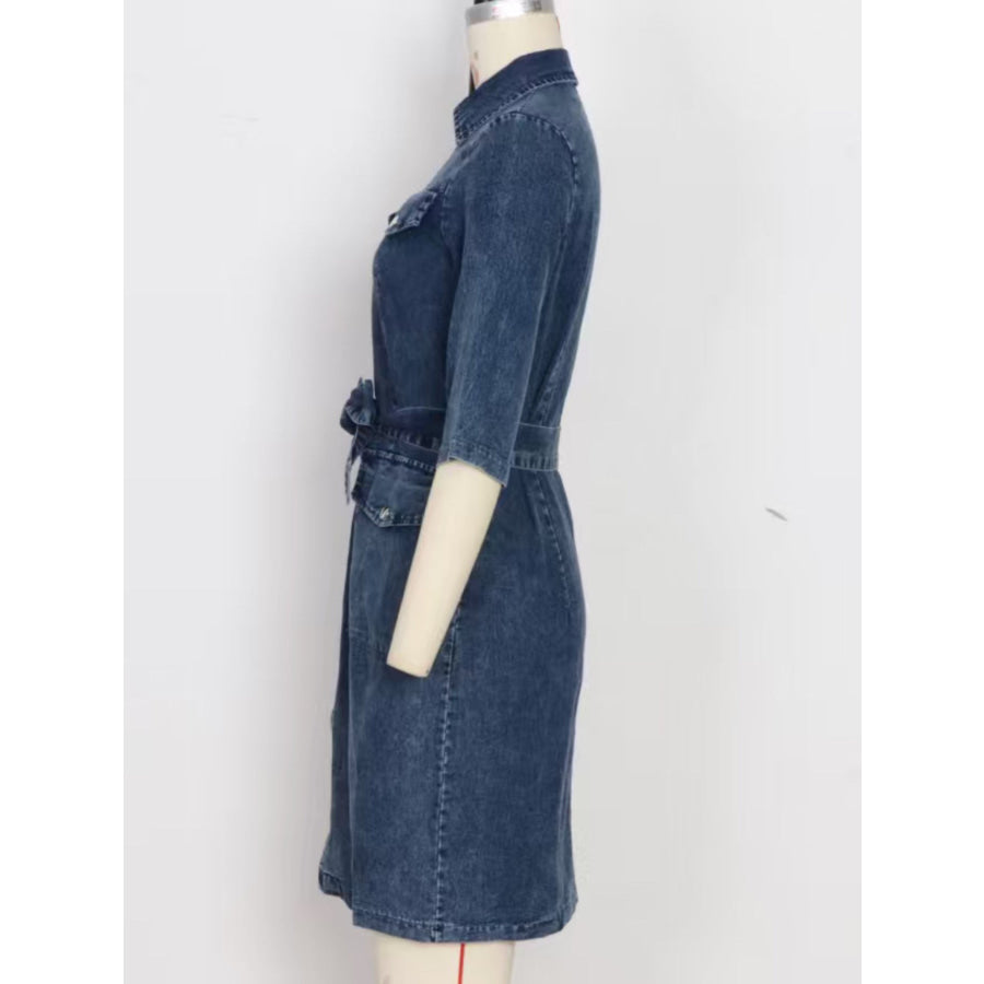 Zipper Front Short Sleeve Denim Dress Apparel and Accessories