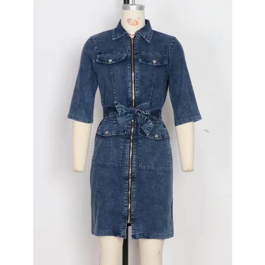 Zipper Front Short Sleeve Denim Dress Apparel and Accessories