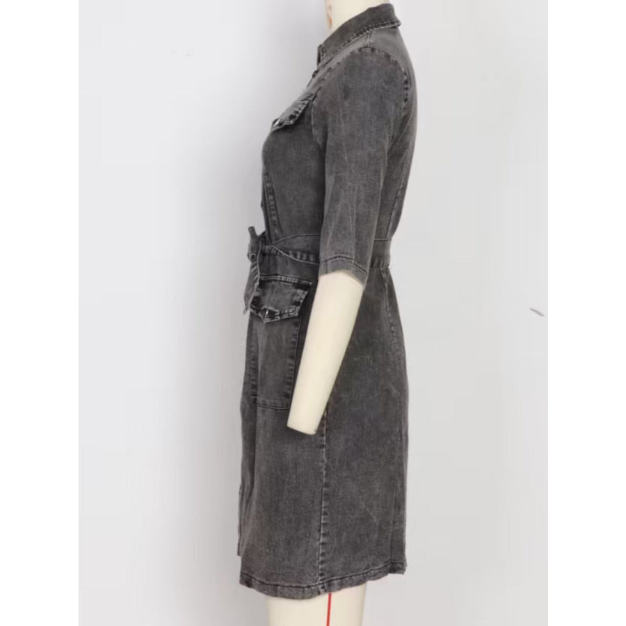 Zipper Front Short Sleeve Denim Dress Apparel and Accessories