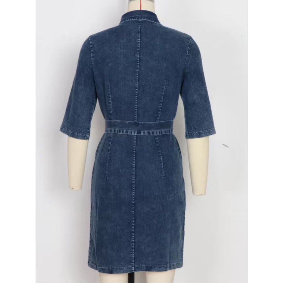 Zipper Front Short Sleeve Denim Dress Apparel and Accessories