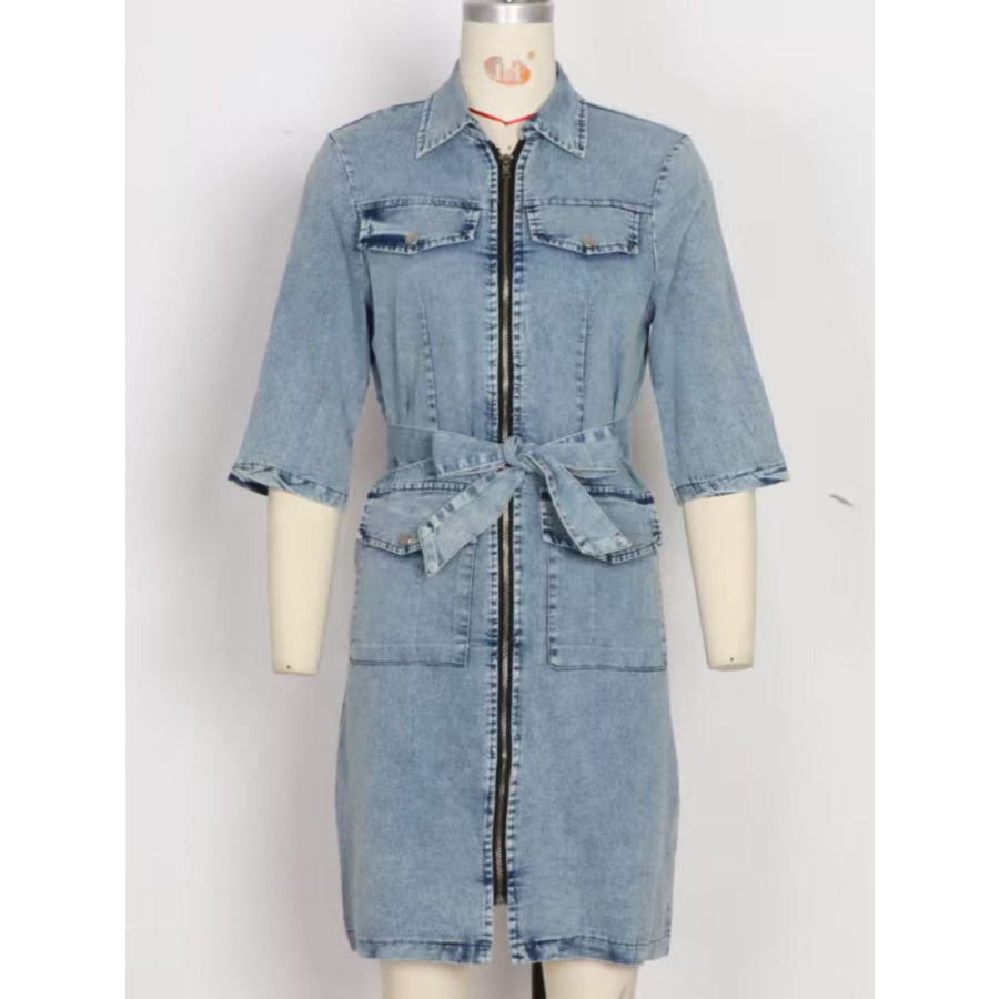 Zipper Front Short Sleeve Denim Dress Light Blue / S Apparel and Accessories