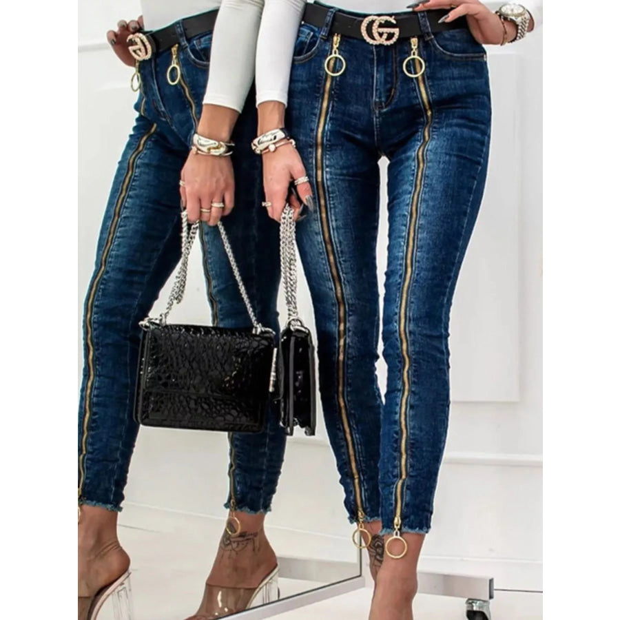 Zipper Front Skinny Jeans Dark Blue / S Apparel and Accessories