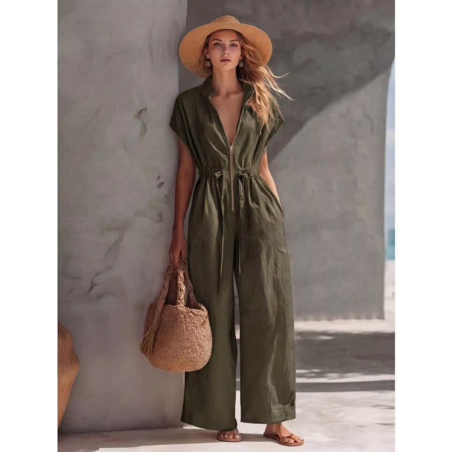 Zipper Front Wide Leg Jumpsuit Army Green / S Apparel and Accessories