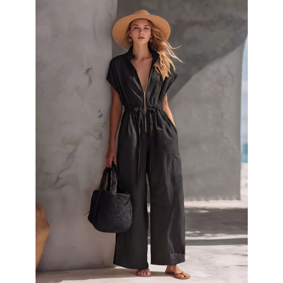 Zipper Front Wide Leg Jumpsuit Black / S Apparel and Accessories