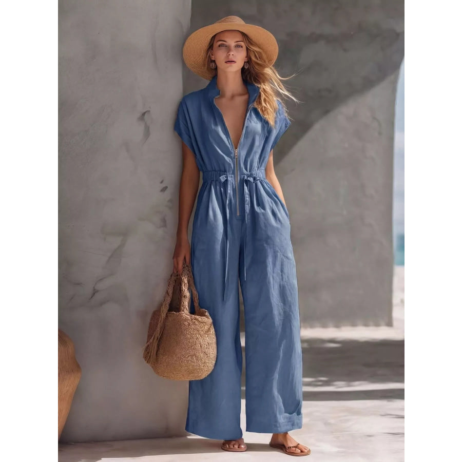 Zipper Front Wide Leg Jumpsuit Blue / S Apparel and Accessories