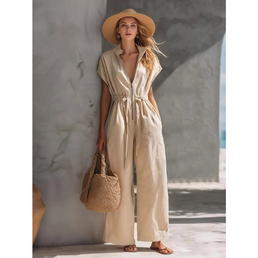 Zipper Front Wide Leg Jumpsuit Khaki / S Apparel and Accessories