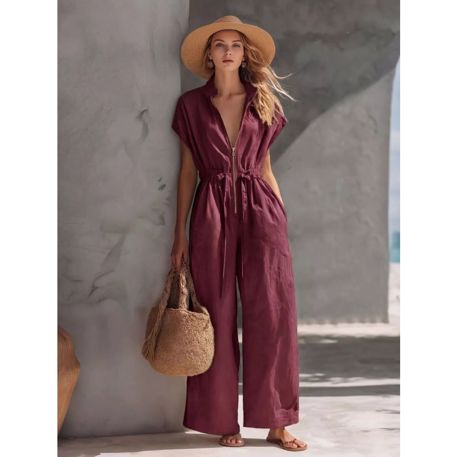 Zipper Front Wide Leg Jumpsuit Red / S Apparel and Accessories
