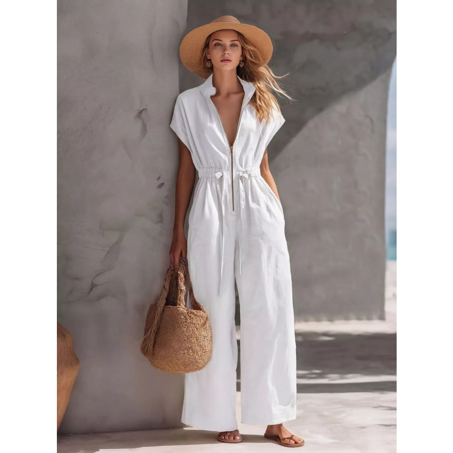 Zipper Front Wide Leg Jumpsuit White / S Apparel and Accessories