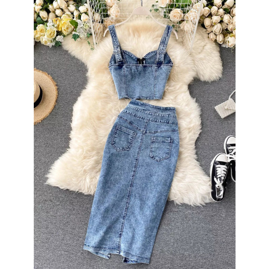 Zipper Top & Button Slit Skirt Denim Set Blue / S Apparel and Accessories