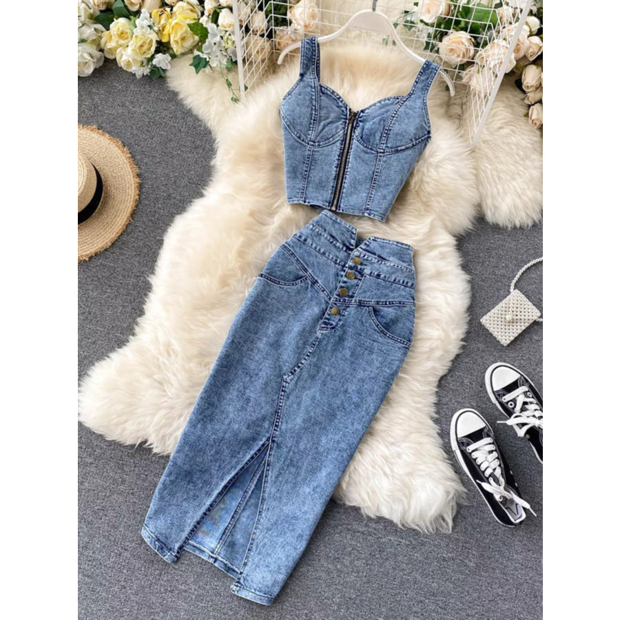 Zipper Top & Button Slit Skirt Denim Set Blue / S Apparel and Accessories