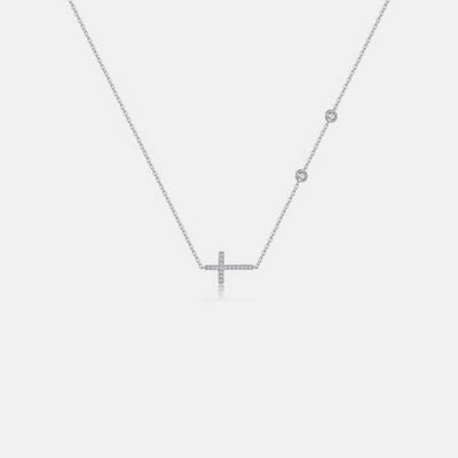 Zircon 925 Sterling Silver Cross Necklace Silver / One Size Apparel and Accessories