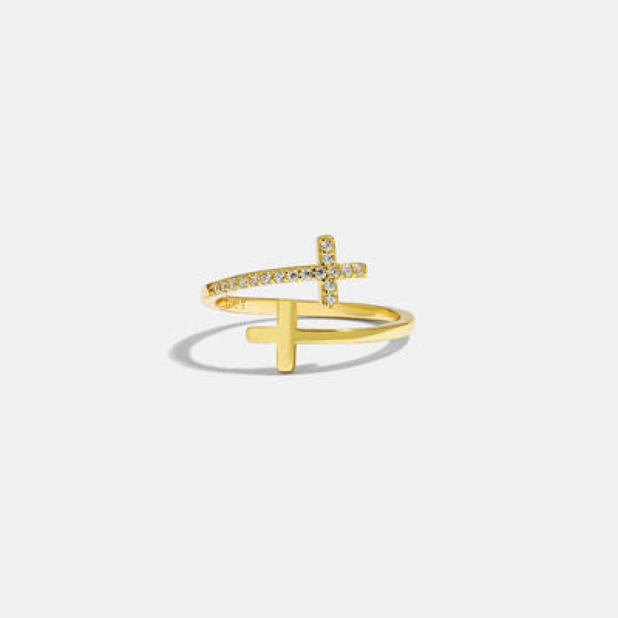 Zircon 925 Sterling Silver Double Cross Bypass Ring Gold / 7 Clothing