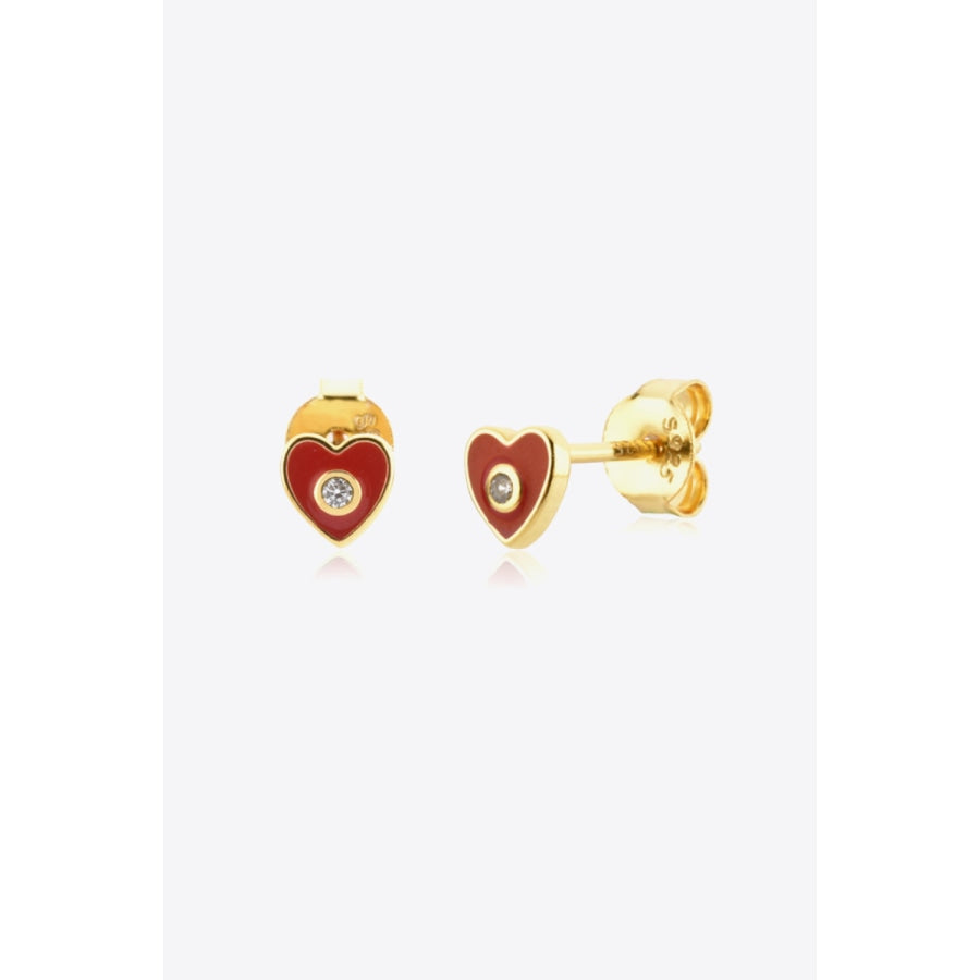 Zircon 925 Sterling Silver Heart Stud Earrings Deep Red / One Size