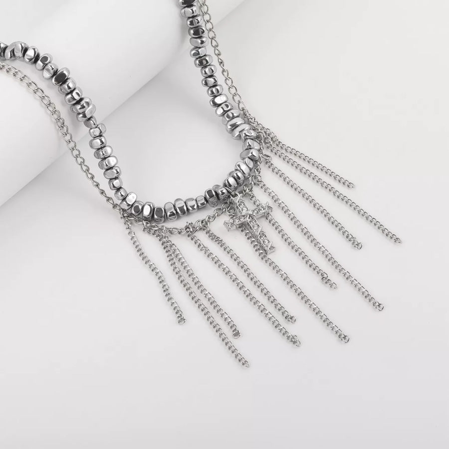 Zircon Cross Tassel Choker Necklace Silver / onesize Apparel and Accessories