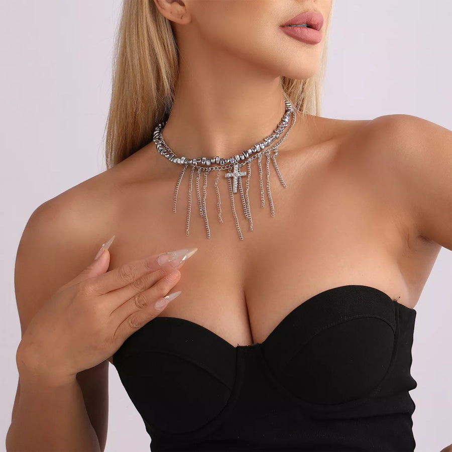 Zircon Cross Tassel Choker Necklace Silver / onesize Apparel and Accessories